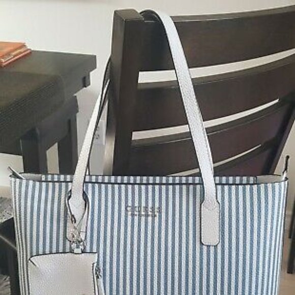 GUESS Blue White Striped Tote Bag Purse - Picture 2 of 8